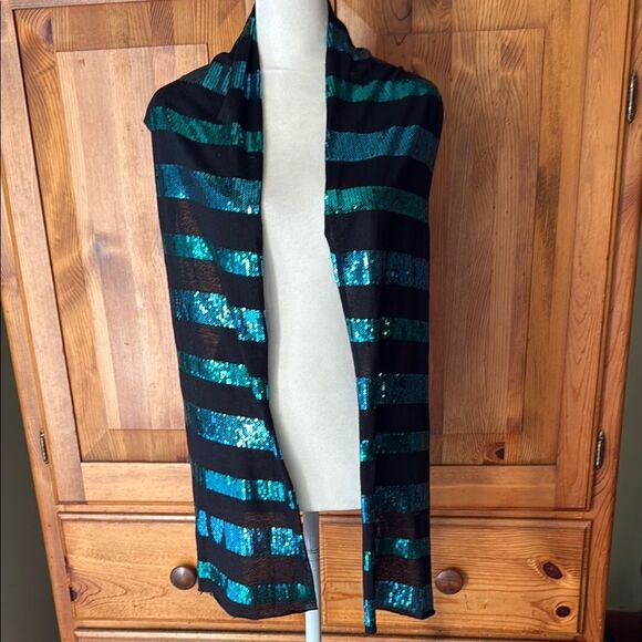 Striped Sequin scarf - Black and Green aqua marine blue.  64 inches long. - Picture 1 of 5